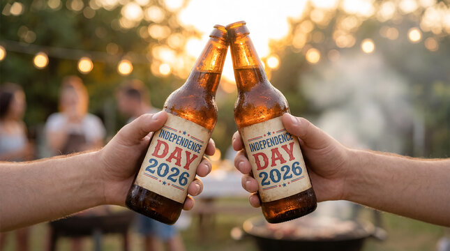 fourth of july 4 independence day craft beer bottles cheers patriotic celebration friends toast cheerful clinking bottles with americana labels for brewery branding bar marketing party visuals
