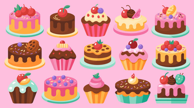 assorted decorated cakes and cupcakes pattern colorful vector illustration on pink background