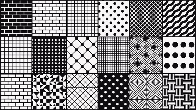 geometric pattern collection black and white tiled designs in a grid arrangement