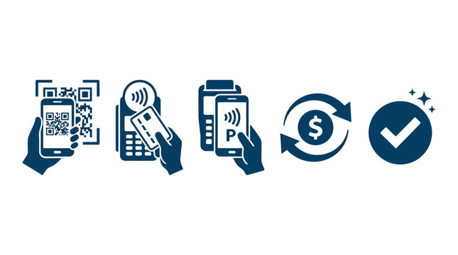 Contactless Payment Methods: QR Code, NFC, Mobile Pay, and Transaction Icons