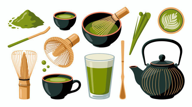 matcha tea set illustration with powder whisk bowls and teapot on a white background