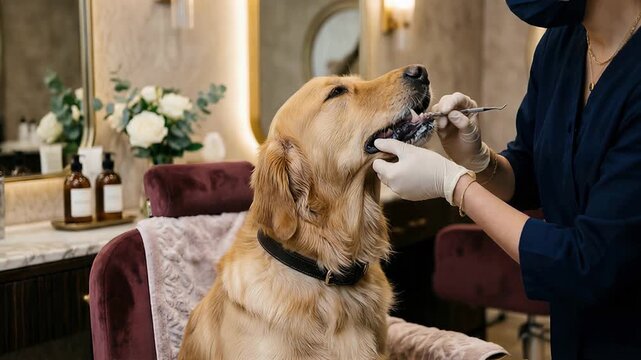 Veterinarian cleaning dog teeth in professional clinic. Golden retriever receiving oral hygiene care. Specialist using dental tool for animal health treatment.