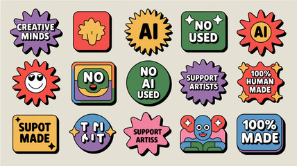 Fototapeta premium collection of colorful hand drawn style icons with messages about human creativity and ai usage