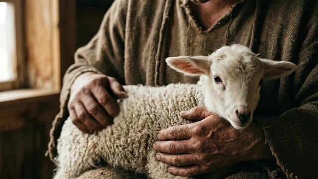 Man in robe holding small lamb. Shepherd caring for young sheep representing Jesus Christ goodness and faith. Biblical scene of divine love and religious grace.
