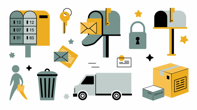 Collection of postal service icons including mailbox key envelope and delivery truck on white