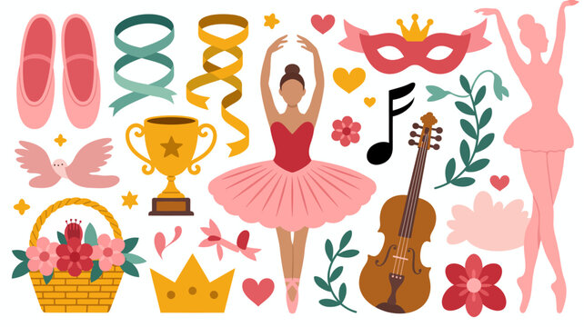 ballet themed illustration with pointe shoes ribbons and musical instruments on a white background