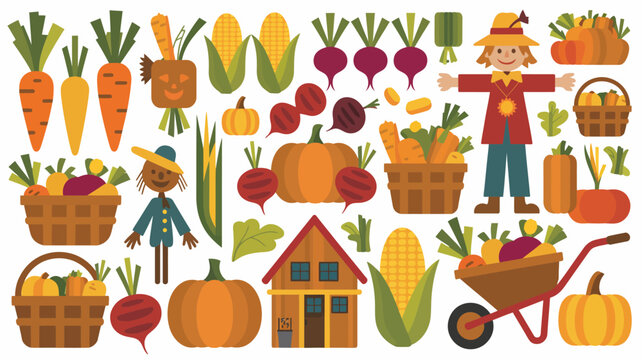 colorful autumn harvest illustration featuring vegetables pumpkins a scarecrow and a small farmhouse on a white background