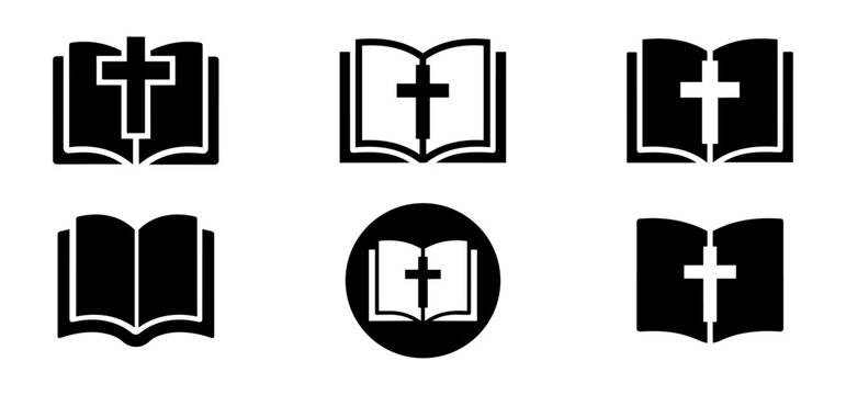 Holy bible book icon set with christian cross, religious faith symbols