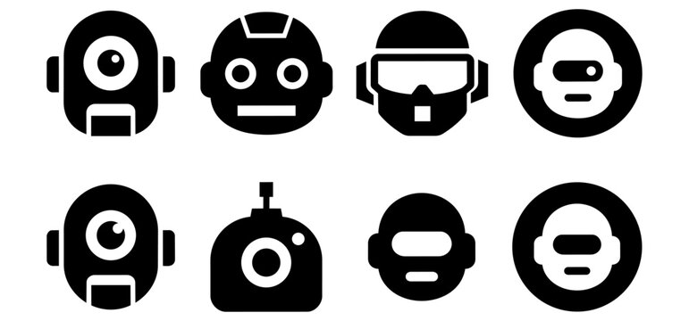 Robot head icon set, collection of futuristic cyborg and android face symbols
