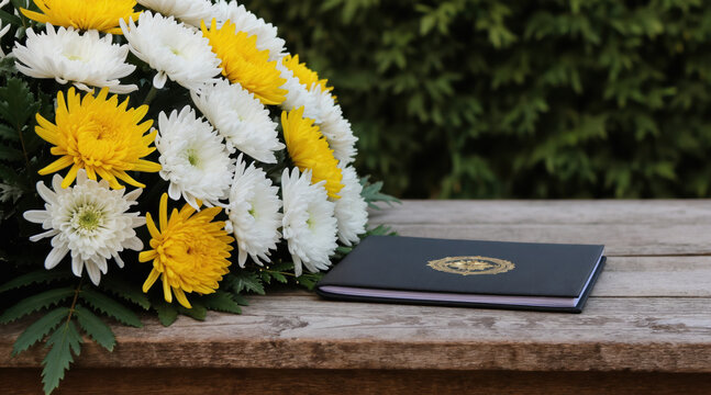 Funeral program book on wooden table near white and yellow flowers. Solemn bouquet with green plants. Respectful memorial service or ceremony composition.