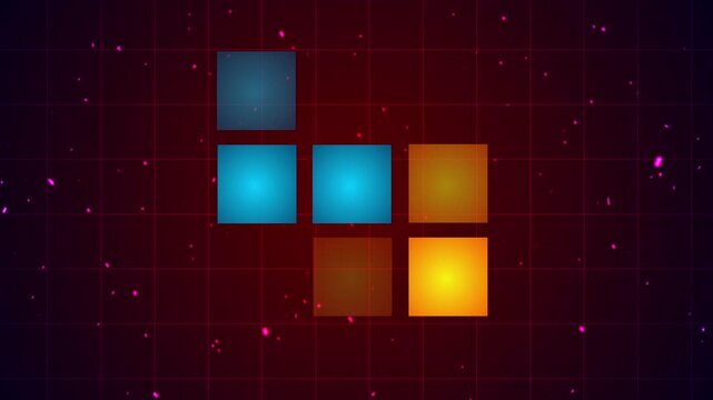 Retro two-person game background with moving glowing squares in centre. Neon Galaxy Game Sci-Fi planes shooting map concept. Vaporwave Space Synthwave kind of cosmic motion. Electric pixels with noise