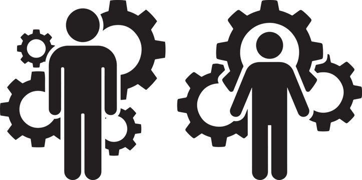 Human figures with interlocking gears icon representing teamwork and business process, machinery