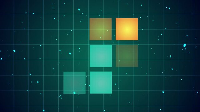 Retro two-person game background with moving glowing squares in centre. Neon Galaxy Game Sci-Fi planes shooting map concept. Vaporwave Space Synthwave kind of cosmic motion. Electric pixels with noise