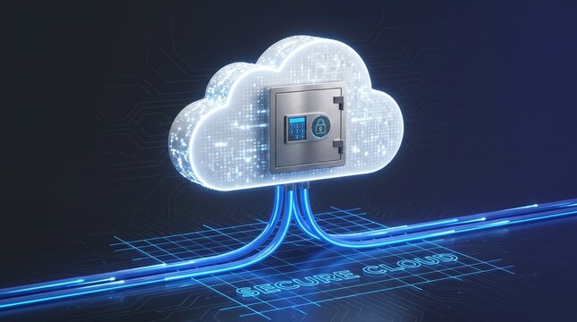 Metallic Vault Door Integrated into a Glowing Digital Cloud