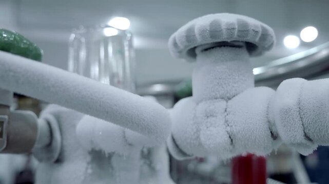 When the laser machine is actively working, a large amount of nitrogen is required and frost forms on the pipes and taps and evaporates, forming steam. Closeup. Shot in motion