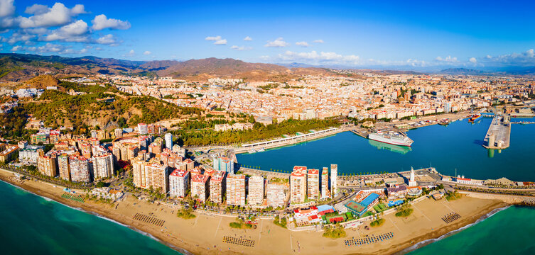 Malaga city port aerial panoramic view in Andalusia