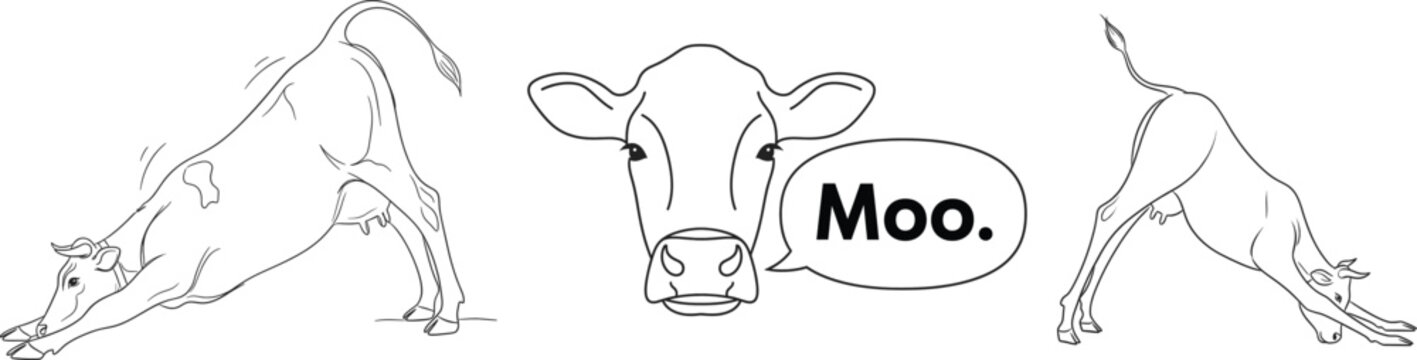 Playful Cow Illustrations with Speech Bubble Saying Moo Line Art