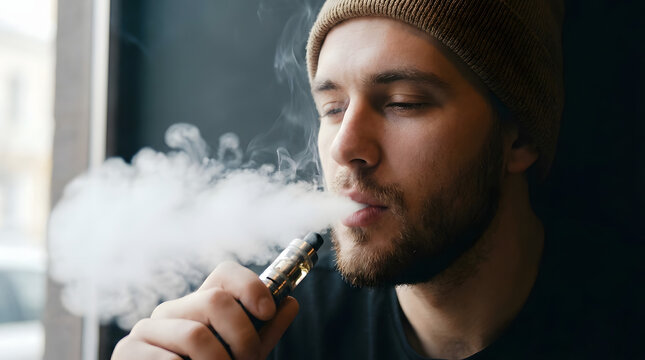 Man with beard vaping indoors in soft natural light