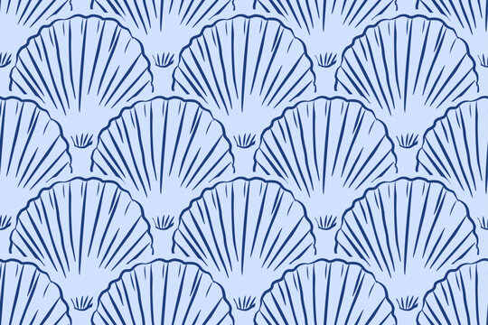 Seamless pattern with elegant line art blue seashells on light blue background. Nautical scallop clam. Mediterranean doodle style, perfect for summer apparel, coastal textiles, and wallpaper.