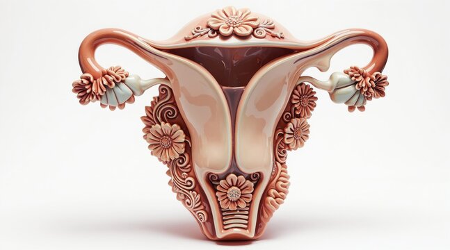 Decorative uterus sculpture with floral ornaments, symbolizing female reproductive health and fertility. Artistic medical representation of female anatomy and conception. Symbol of new life.