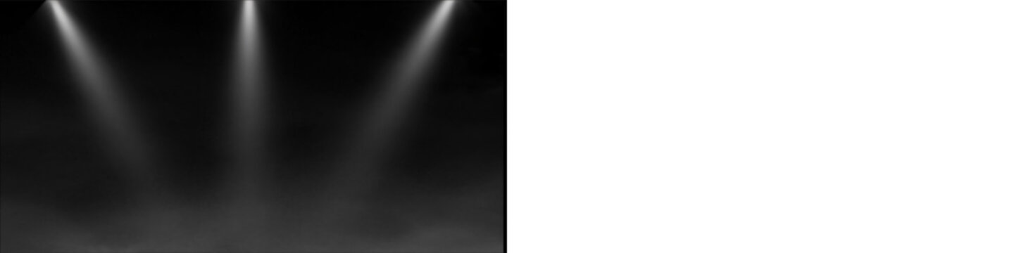 Three white light beams shining through thick smoke on dark backdrop isolated on transparent background overlay.