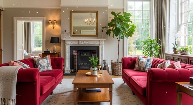 Plush red sofas flank a classic fireplace in a spacious, well-lit living room