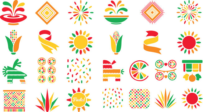 Vibrant colorful Mexican fiesta graphic elements and icons set on white background