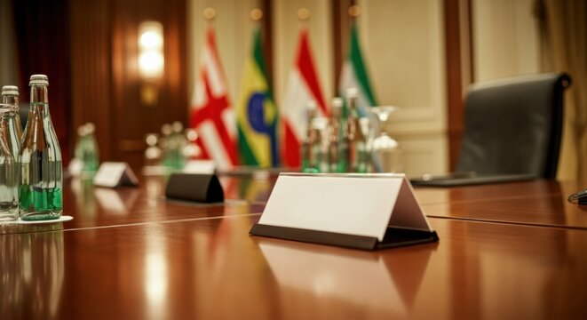 Conference table with blank nameplate, water bottles and international flags