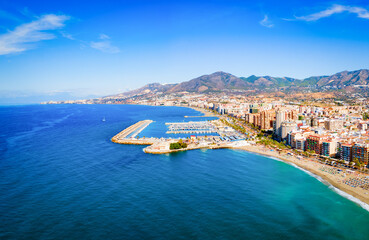 Obraz premium Fuengirola city beach and port aerial panoramic view