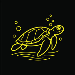 Fototapeta premium Minimalist swimming turtle with bubbles and waves line art design on a black background.