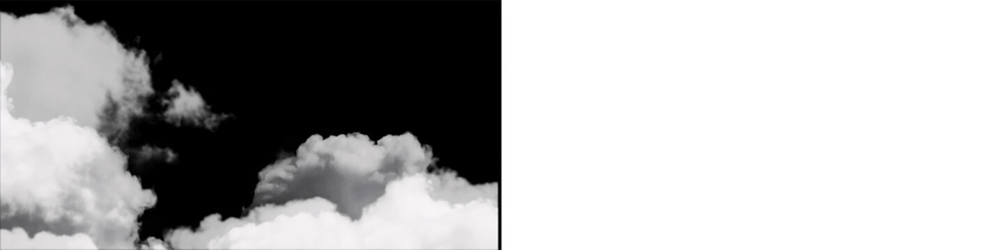 White smoke on black background for alpha channel effect and white cumulus clouds on a transparent background.