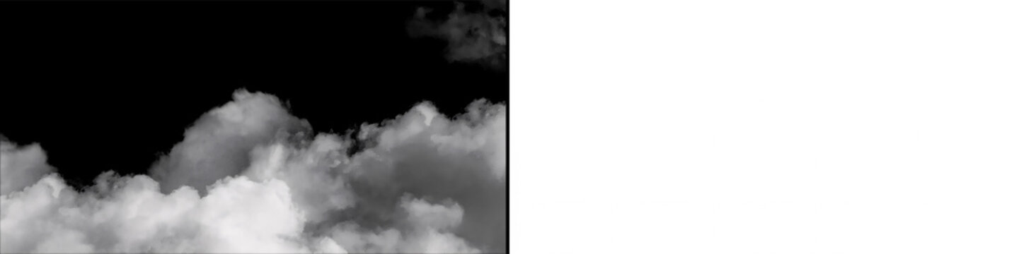White smoke on black background for alpha channel effect and white cumulus clouds on a transparent background.