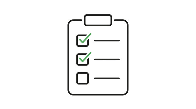 Checklist clipboard with green checkmarks, task list icon, planning and organization concept