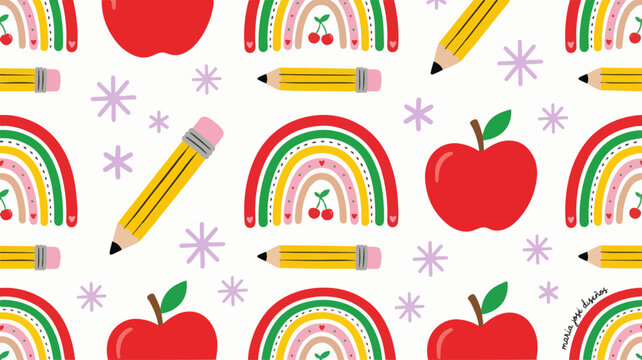 A vibrant and playful pattern featuring illustrations of pencils, apples, rainbows, and stars on a white background.