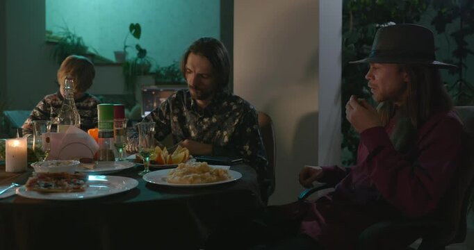 Kid Spend Time with Uncles. Friends Have a Home Party Dinner. 4K 10-bit