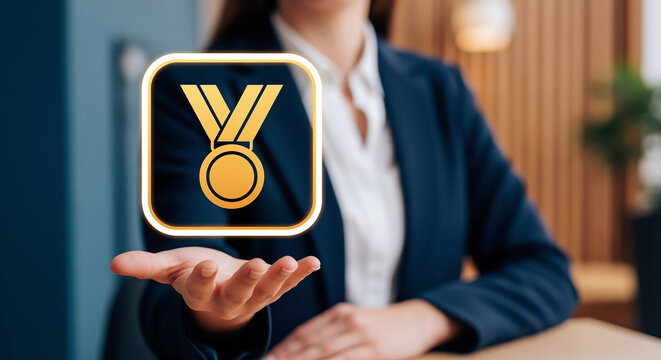 Employee award recognition at work presents a medal icon in hand for hiring pages, career promotion, staff reward, achievement program and workplace prize announcement in human resources