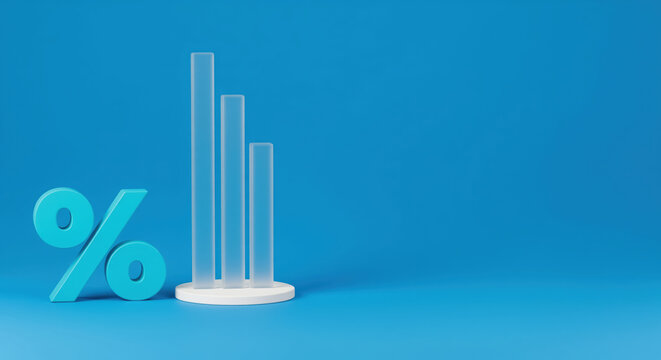 Interest rate update for finance news and savings account article, with percentage sign and bar chart showing changing price level, deposit return, business statistic, or market report data