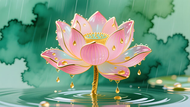 Oriental Enamel Pink Lotus in Summer Rain Illustration