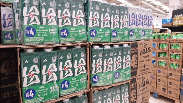 Stacked Lala Lactose-Free Milk Packages at Chedraui, Playa Del Carmen
