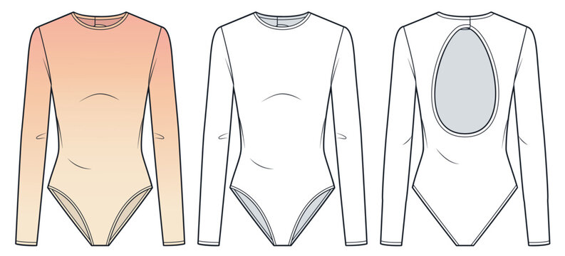 Women Long Sleeve Cutout Bodysuit Fashion Flat Technical Drawing Template Featuring Open Back High Leg Brief and Front Back Views