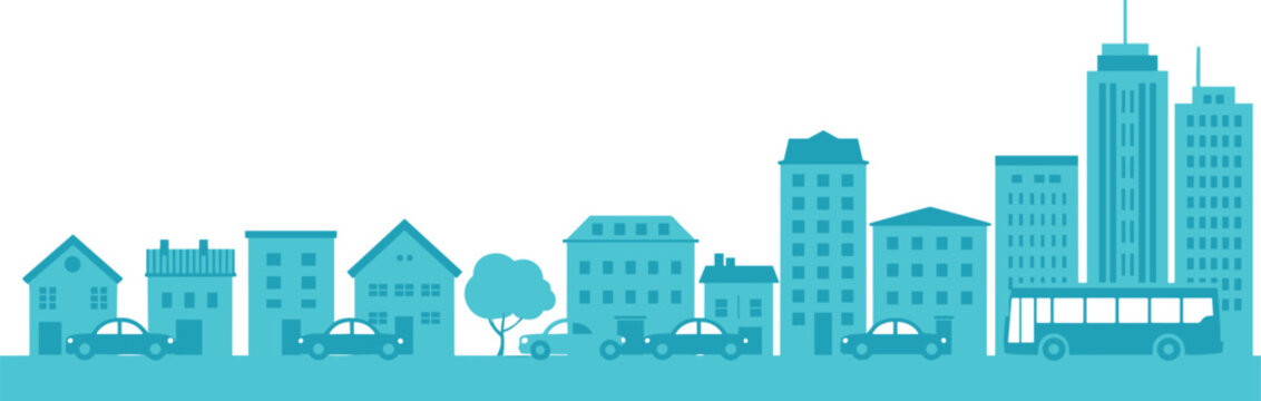 Urban Cityscape Panorama Icon Set Featuring Modern Skyscrapers Residential Houses Cars And A Public Bus In A Flat Minimalist Blue Vector Style For Real Estate And Transportation Concepts