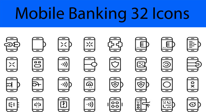 Mobile Banking Icon Set: Collection of 32 mobile banking icons, providing a wide array of options for user interface design and financial services applications.