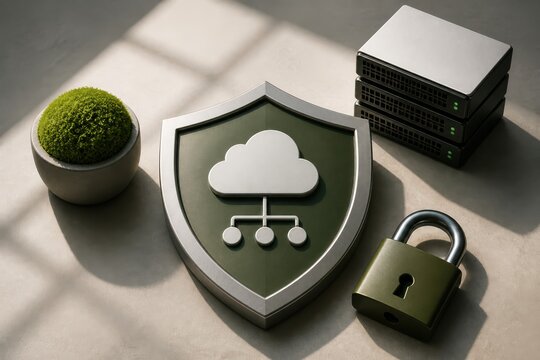 Cloud security shield with padlock server stack and green plant symbolizing protected data resilience and sustainable digital trust
