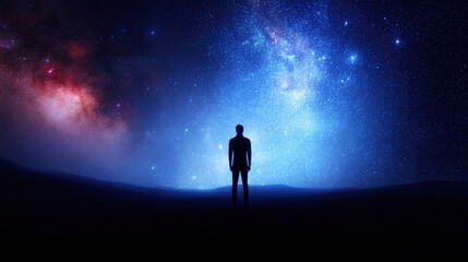 Obraz premium Lone silhouette gazes in awe at a vast, luminous galaxy and nebulae under a starry night sky