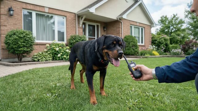 Man uses electronic remote control device to train his rottweiler dog in backyard. Pet behavior owner correction tool with animal collar for obedience training.