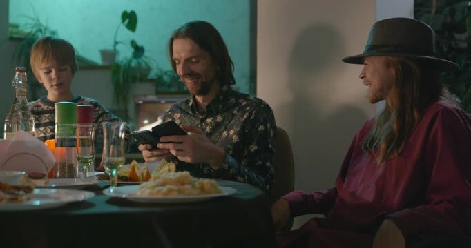 Kid Spend Time with Uncles. Friends Have a Home Party Dinner. 4K 10-bit