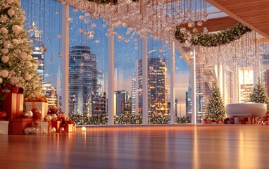 Fototapeta premium Modern Living Room with Festive Christmas Decorations and Urban City View