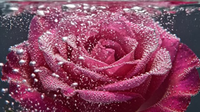 Close up of a pink rose with water droplets and bubbles underwater.