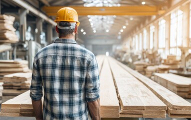 Fototapeta premium Worker Aligns Planks on Cutting Mill Production Line in Factory