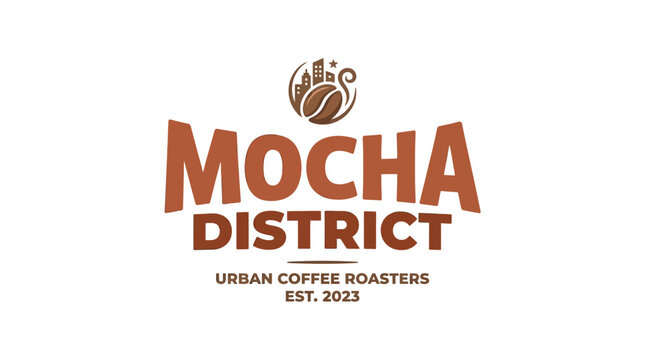 Mocha District Urban Coffee Roasters Logo - Coffee Bean, City Skyline Icon